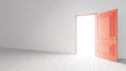 Light streaming through an open red door illuminates an empty room with a white floor, embodying opportunity, hope, and the promise of new beginnings and possibilities