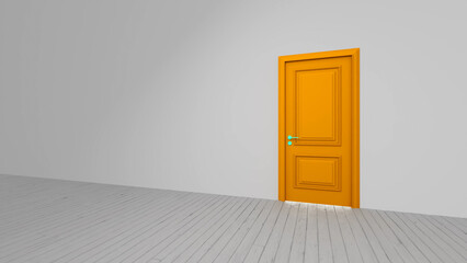 Bright orange door standing in a white room with a wooden floor, symbolizing new opportunities and choices while marking the beginning of an exciting journey ahead