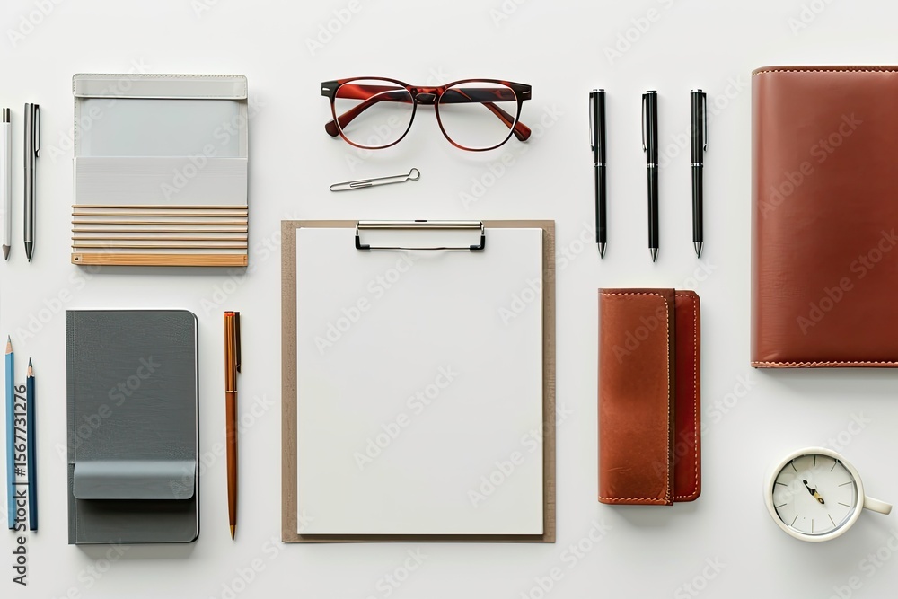 Poster high definition image of assortment of desk elements on white background