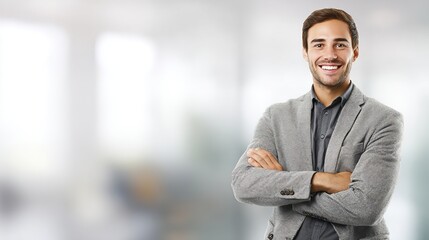 Confident businessman in blazer posing against a blurred office background in professional lighting