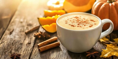 A cozy white cup of pumpkin spice latte surrounded by cinnamon sticks, pumpkin slices, and autumn leaves on a rustic wooden table.