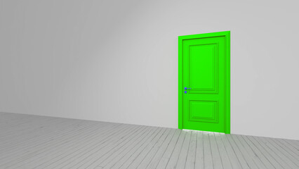 Green closed door standing in an empty white room with a wooden floor, symbolizing new opportunities and fresh beginnings, inviting thoughts of hope and potential for growth