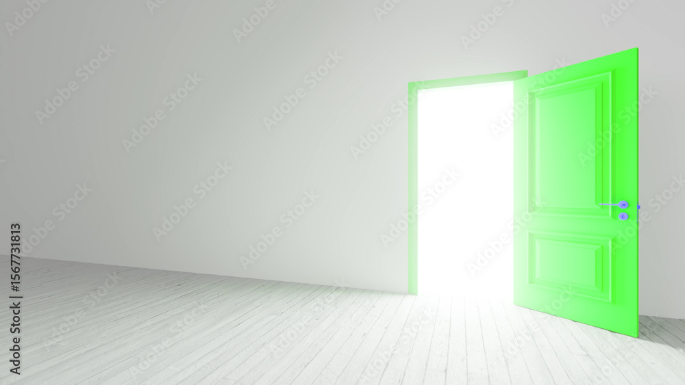 Poster light is streaming through an open, bright green door into an empty room with a white wood floor and