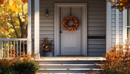 Door front home autumn wreath with white wooden wall, building exterior