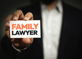 Family Lawyer showing his business card close up, Corporate, law, firm, assistance