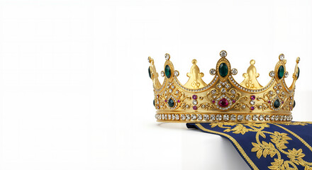 Fototapeta premium Luxurious golden crown with blue sash embellished with gemstones on white background, royalty concept
