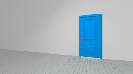 Light blue door with pink handles opening into a bright white room featuring a wooden floor, symbolizing new opportunities, change, and the potential for growth and discovery