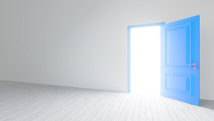 Light streaming through an open blue door fills an empty white room with a light wooden floor, creating an atmosphere rich in optimism and hope for new beginnings and possibilities