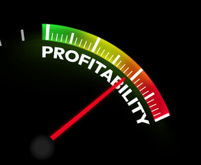 Maximum profitability in business is represented with a needle on the glowing speedometer. Money, business growth, strategy, profit