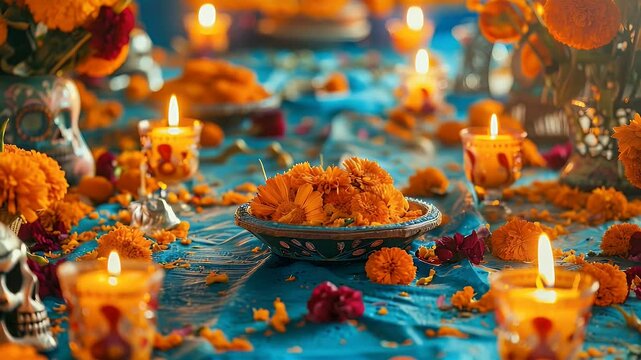 Vibrant Dia De Los Muertos Display with Candles Orange Flowers and Decorative Skulls on Turquoise Tablecloth
