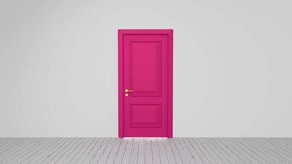 Vibrant pink door stands closed in a white room with a light wooden floor, creating a striking contrast and suggesting a sense of mystery and possibility