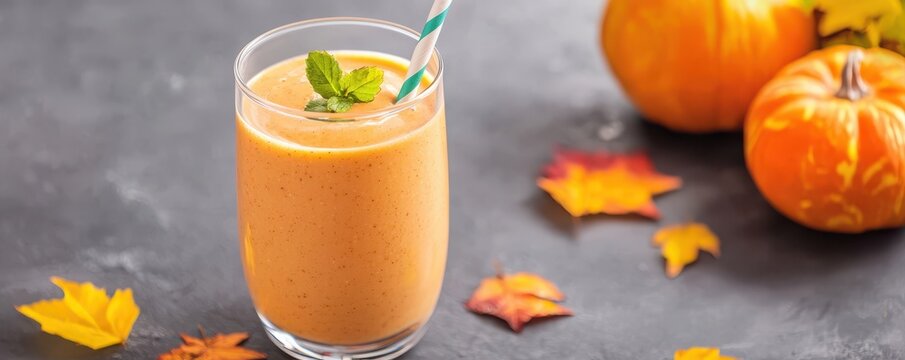 A creamy pumpkin smoothie garnished with mint and a striped straw, surrounded by small pumpkins and autumn leaves on a gray surface.
