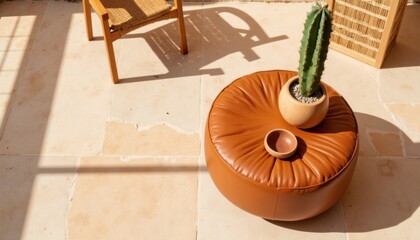 Cozy indoor space featuring a leather pouf, a cactus, and a wooden chair bathed in warm sunlight