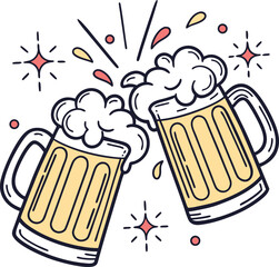 Two beer mugs toasting with foam and celebration elements illustration