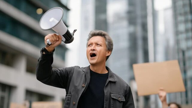 Activist leads city rally with a megaphone, amplifying their message.