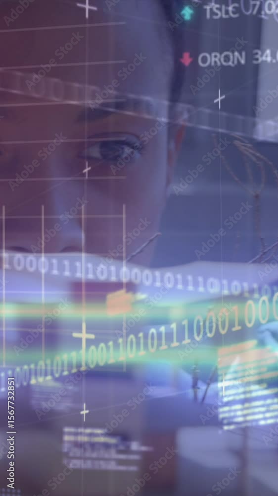Poster animation of binary coding and data processing over businesswoman in office