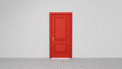 Bright red door standing out against a white wall in an empty room with light wooden floor, symbolizing new opportunities, choices, and the potential for change or transition