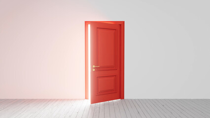 Slightly opened red door revealing a bright white light in an empty room with white wooden floor and pastel colored walls, creating a concept of mystery, hope and new beginnings