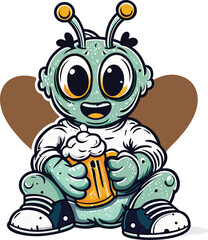 Obraz premium Cute Alien Cartoon Character Drinking Beer with a Heart Background