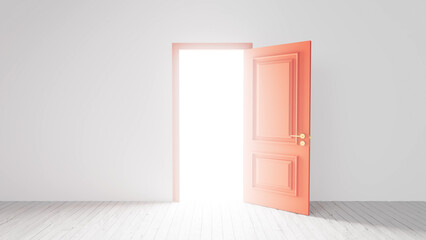 Minimalist render of an empty room with white floor and an open red or orange door showing bright white light, perfect for concepts about future, hope, opportunity or new beginnings