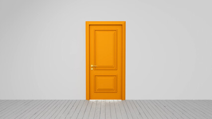 Minimalist interior design featuring an orange door in a white room with wooden floor, creating a striking contrast and suggesting a unique opportunity or a path to a different dimension