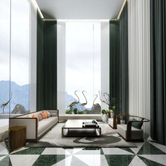 Modern home with high ceiling and luxury living room with cozy sofa decoration and side table and green curtian and mountain background. 3d render.
