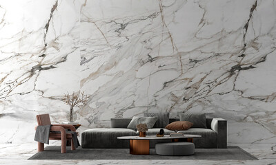Modern home and luxury living room with cozy sofa decoration and side table and white marble wall background. 3d render.
