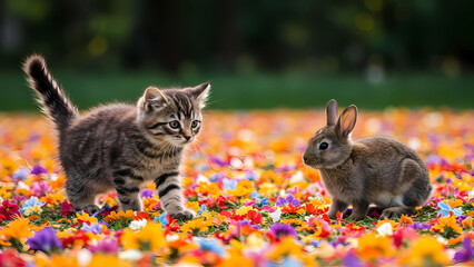 a cat and a rabbit nimbly walk on a field of bright flowers. 