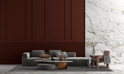 Modern home and luxury living room with cozy sofa decoration and side table and white marble and red pattern wall background. 3d render.
