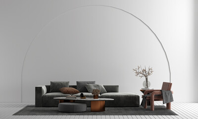 Modern home and luxury living room with cozy sofa decoration and side table and white arch wall pattern background. 3d render.
