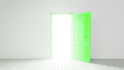 Green door opening into bright white light, illuminating an empty room with a pristine white wood floor, symbolizing new opportunities and the promise of hope for the future