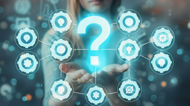 A person holds a glowing question mark surrounded by digital icons. The image uses bright blue and bokeh lights conveying a futuristic and tech-related theme.