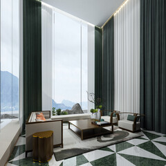 Modern home and luxury living room with cozy sofa decoration and side table and green curtian and mountain background. 3d render.
