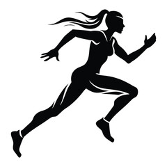 Dynamic silhouette of a female runner with flowing hair, ideal for fitness logos, sports art, or activewear. Bold black and white vector with an energetic, powerful aesthetic.