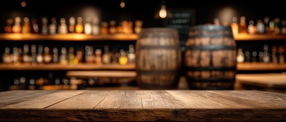 Rustic wooden bar counter with blurred whiskey barrels and shelves stocked with bottles in a dimly lit, cozy bar setting.