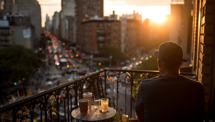 Obraz premium Man Cityscape Sunset Balcony Coffee Drinks Evening Relaxation Dark Clothing image