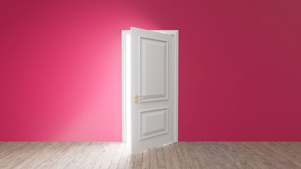 Bright light streaming through an open white door in an empty room with pink walls and a wooden floor, evoking a mysterious and surreal atmosphere filled with potential and discovery