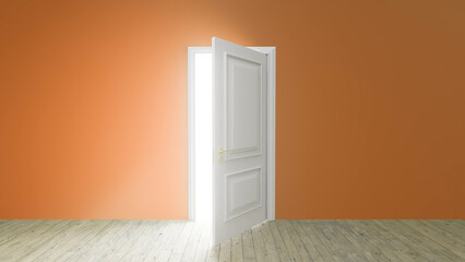 Slightly opened white door revealing a bright light in empty orange room with wooden floor, creating a concept of mystery, hope, and new beginnings