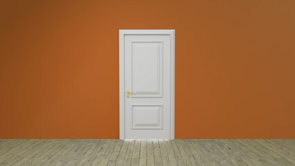Classic white door standing on a wooden floor, contrasting beautifully with an orange wall, exemplifying a minimalist and modern approach to interior design