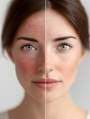 Half of the face displays redness while the other side shows a clear, smooth complexion and even skin tone