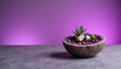 Unique succulent arrangement in a decorative bowl with amethyst crystals on a purple background