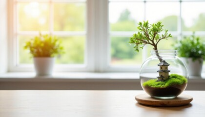 Elegant miniature garden with a pagoda set in a glass terrarium on a sunny windowsill