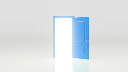 Light coming in through an open blue door in an empty room with white walls and floor, creating a concept of hope, opportunity, and new beginnings