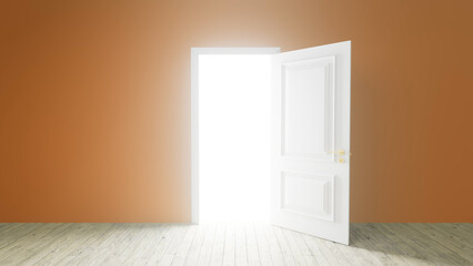 Open white door revealing a mysterious bright light in an orange room with wooden floor, perfect background for a new opportunity or challenge concept