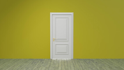Minimalist white closed door standing in a yellow room with wooden floor, suggesting concepts of new opportunities, choices, decisions, and beginnings