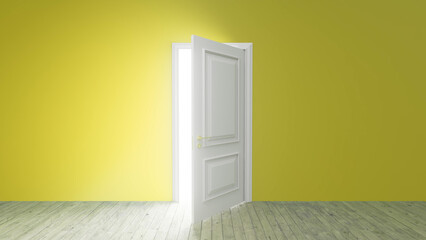 Slightly opened white door revealing a bright light in empty yellow room with wooden floor, creating a concept of hope, opportunity, and new beginnings