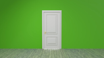 Classic white closed door on a vibrant green wall in an empty room with a wooden floor, creating a simple yet intriguing architectural composition