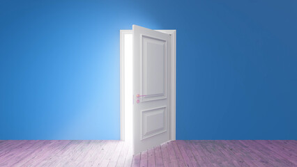 Bright light streaming through an open white door in a blue room with a wooden floor, representing hope, opportunity, and the promise of new beginnings and possibilities