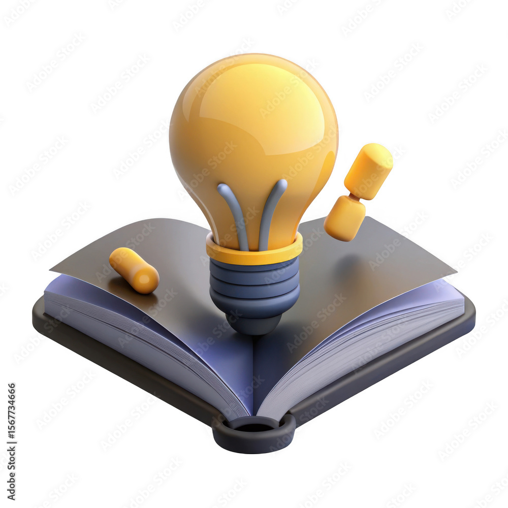 Poster 3d lightbulb on open book with idea elements isolated on transparent background