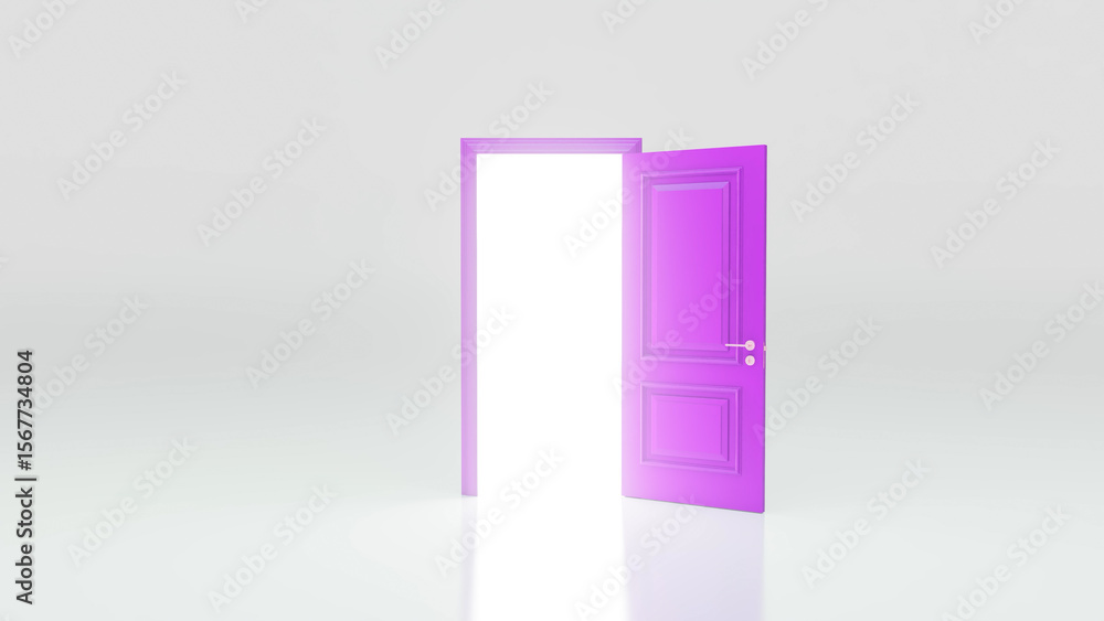 Poster light coming in through purple open door in empty room with white walls and floor representing new o